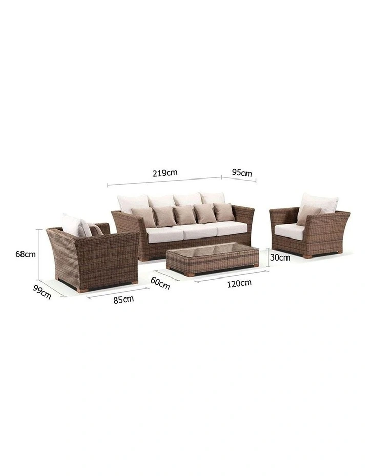 Coco 3 1 1 Seater Outdoor Wicker Lounge Brushed Wheat With Coffee Table & Cream Cushions image 3