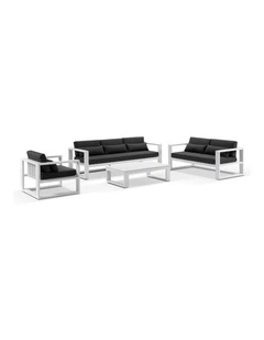 Santorini 3 2 1 Outdoor Lounge Setting White With Coffee Table & Denim Grey Cushions