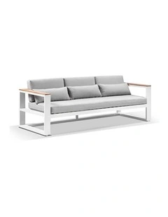 Balmoral 3 Seater Outdoor Aluminium and Teak Lounge White & Textured Olefin Grey Cushions