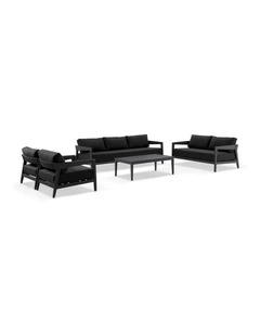 Bronte 3 2 1 1 Outdoor Aluminium Lounge Setting Charcoal With Coffee Table & Denim Grey Cushions