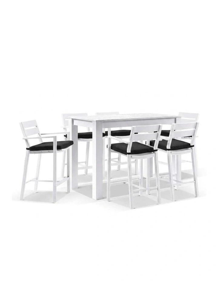 Santorini Outdoor Aluminium 1.5m Bar Table White With 6 stools & Denim Grey Cushions image 1