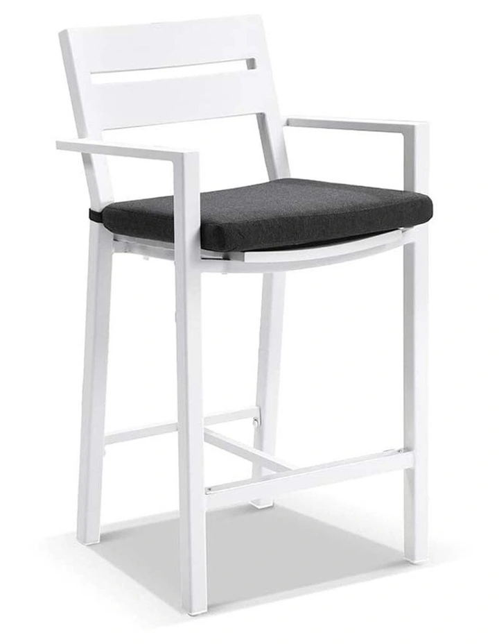 Santorini Outdoor Aluminium 1.5m Bar Table White With 6 stools & Denim Grey Cushions image 2