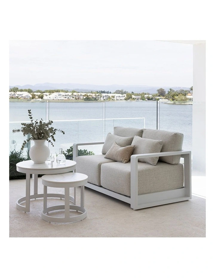 Whitehaven 2 Seater Outdoor Aluminium Lounge White & Textured Olefin Grey Cushions image 5