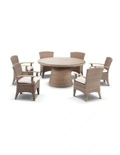 Plantation 1.5m Round Outdoor Wicker Dining Table Brushed Wheat With 6 Kai Chairs & Cream Cushions