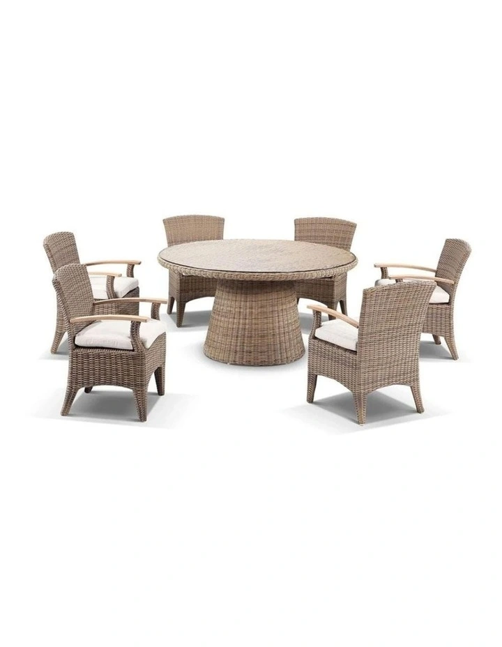 Plantation 1.5m Round Outdoor Wicker Dining Table Brushed Wheat With 6 Kai Chairs & Cream Cushions image 1