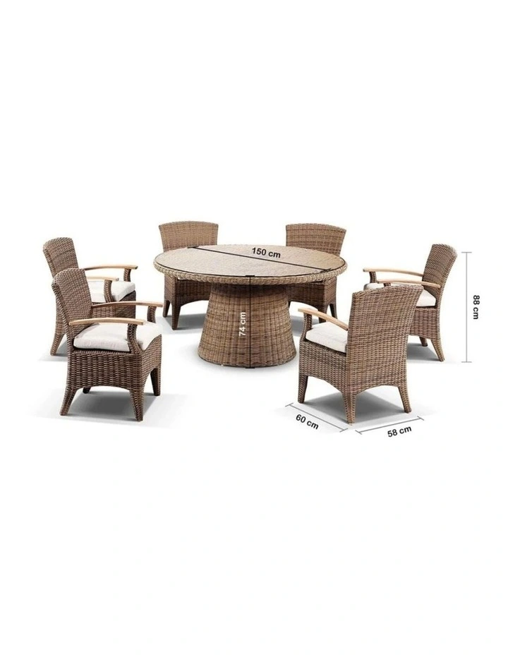Plantation 1.5m Round Outdoor Wicker Dining Table Brushed Wheat With 6 Kai Chairs & Cream Cushions image 4