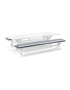 Tahitian 3m Outdoor Aluminium Dining Setting White With Bench Seats & Navy Stripe Cushions