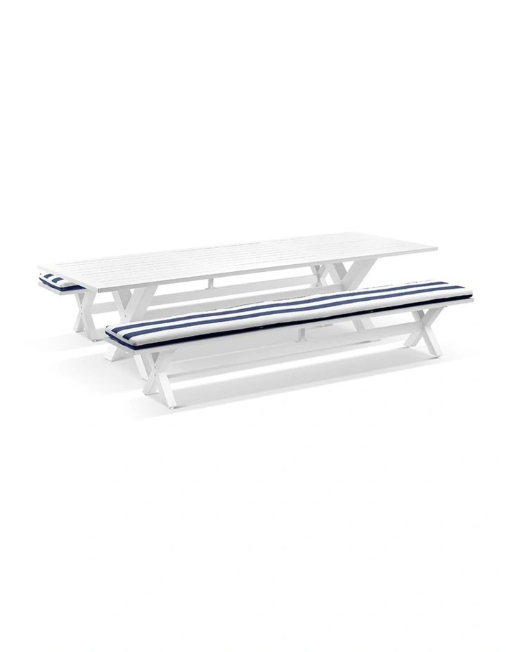 Tahitian 3m Outdoor Aluminium Dining Setting White With Bench Seats & Navy Stripe Cushions image 1