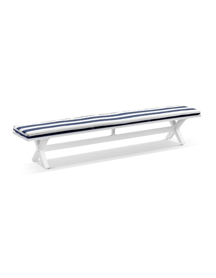 Tahitian 3m Outdoor Aluminium Dining Setting White With Bench Seats & Navy Stripe Cushions image 3