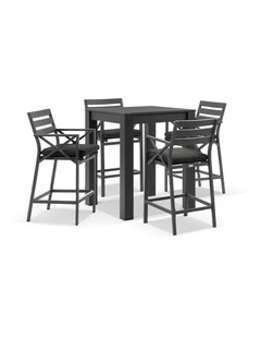 Santorini Outdoor Aluminium Square Bar Table Charcoal With 4 Kansas Stools & Denim Grey Cushions