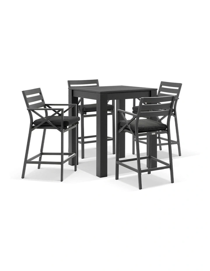 Santorini Outdoor Aluminium Square Bar Table Charcoal With 4 Kansas Stools & Denim Grey Cushions image 1