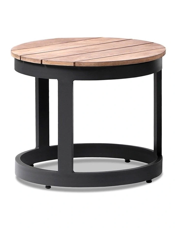 Santorini Aluminium Double Sun Lounge Charcoal With Round Side Table & Textured Olefin Grey Cushions image 3