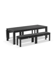Santorini 2.5m Rectangle Aluminium Dining Table Charcoal With 4 Bench Seats & Denim Grey Cushions