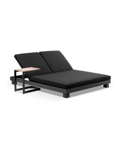 Santorini Aluminium Double Sun Lounge Charcoal With Side Table & Denim Grey Cushions