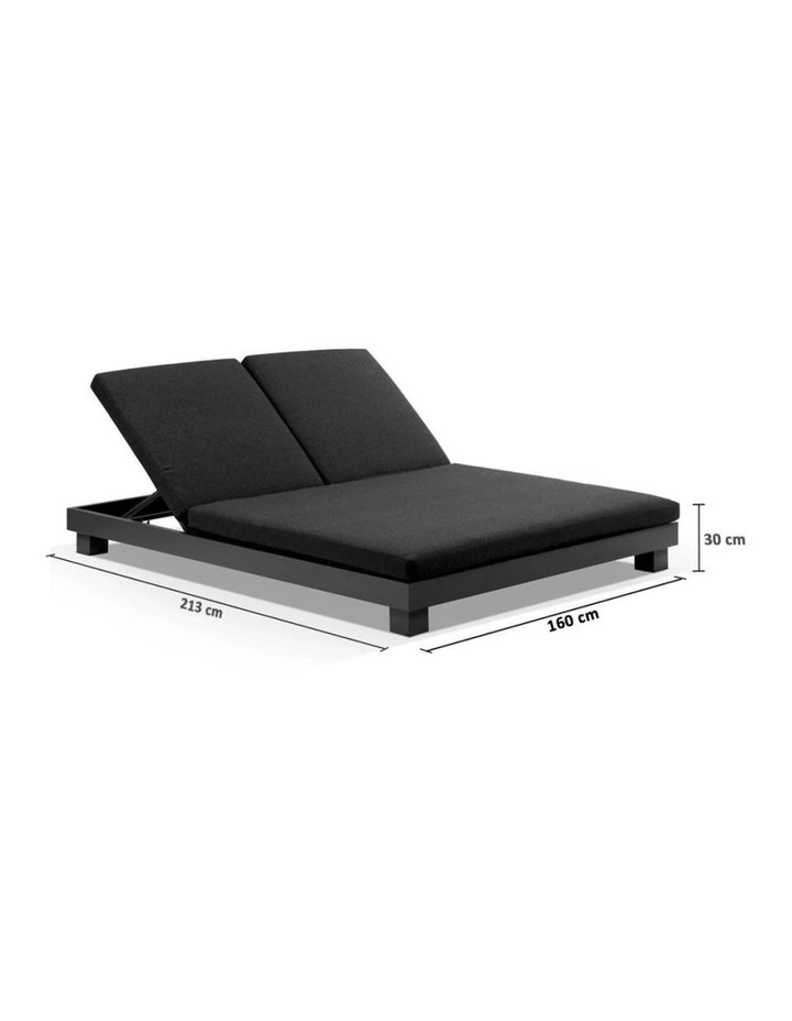 Santorini Aluminium Double Sun Lounge Charcoal With Side Table & Denim Grey Cushions image 3