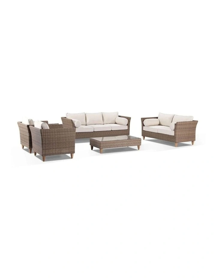 Carolina 3 2 1 1 Seater Outdoor Wicker Lounge Brushed Wheat With Coffee Table & Cream Cushions image 1