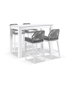 Hugo Ceramic 1.5m Aluminium Bar Table White With 4 Rope Stools & Grey w/Textured Olefin Cushions
