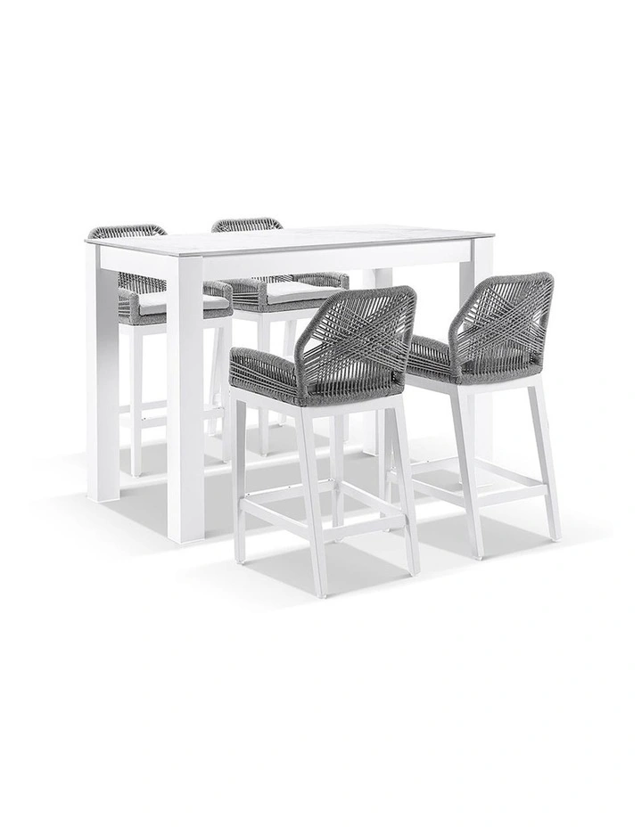 Hugo Ceramic 1.5m Aluminium Bar Table White With 4 Rope Stools & Grey w/Textured Olefin Cushions image 1