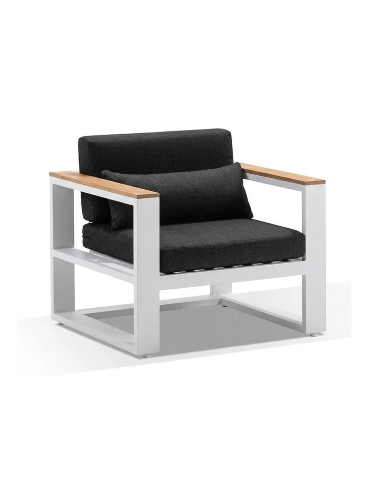 Balmoral 1 Seater Outdoor Aluminium and Teak Arm Chair White & Denim Grey Cushions image 1