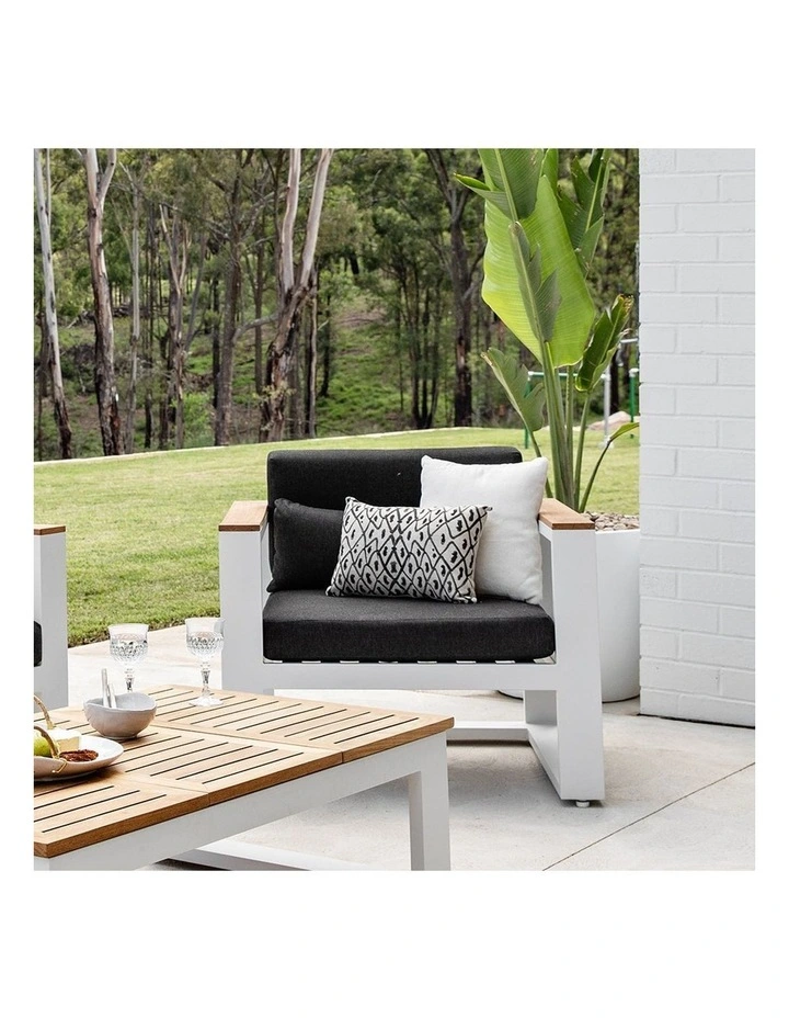 Balmoral 1 Seater Outdoor Aluminium and Teak Arm Chair White & Denim Grey Cushions image 2