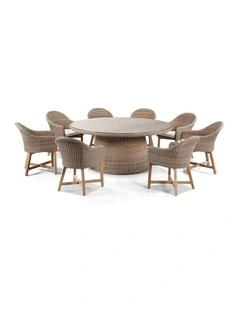 Plantation 8 Seater Table Brushed Wheat With Coastal Outdoor Wicker Dining Chairs & Cream Cushions