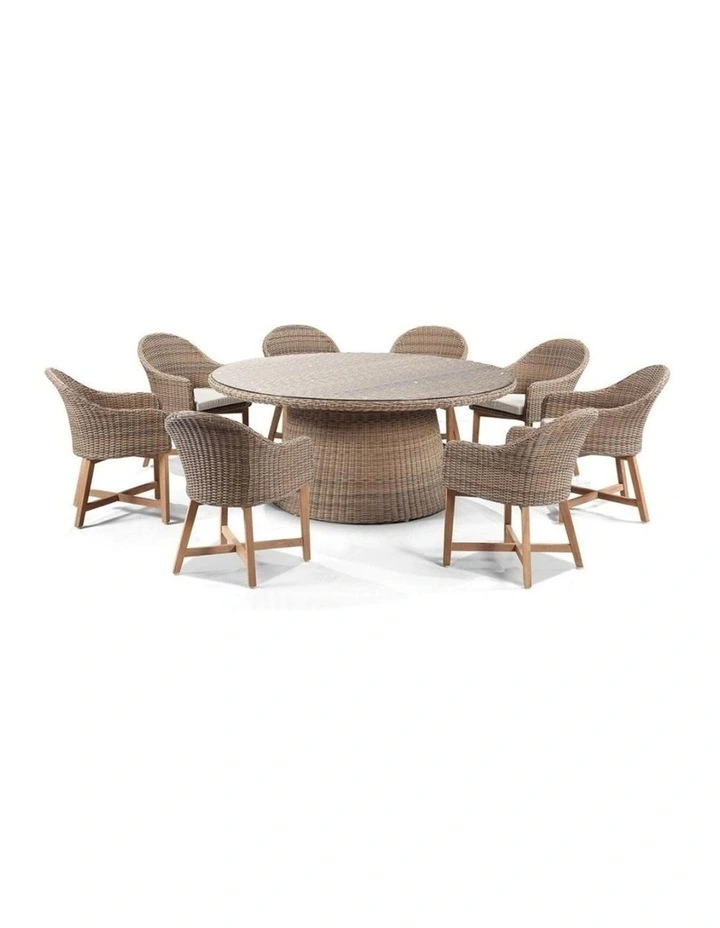 Plantation 8 Seater Table Brushed Wheat With Coastal Outdoor Wicker Dining Chairs & Cream Cushions image 1