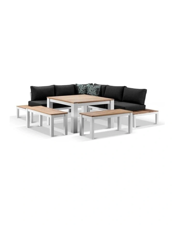 Nova Outdoor Aluminium Lounge and Dining Setting White & Denim Grey Cushions image 1