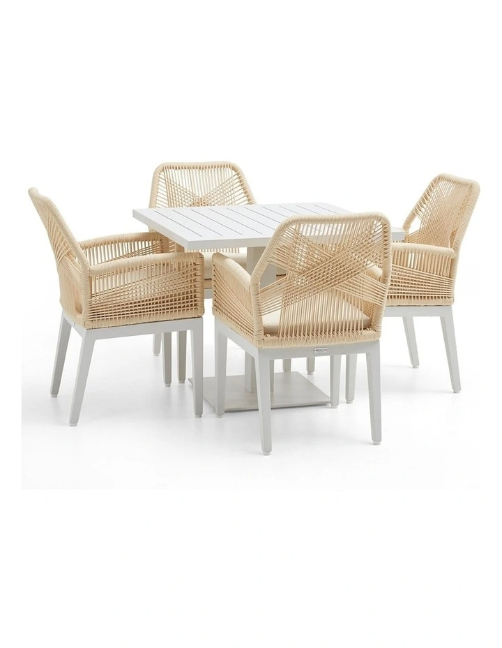 Avoca Outdoor Pedestal Aluminium Dining Table White With Hugo Chairs & Cream Rope/Cream Cushions image 1