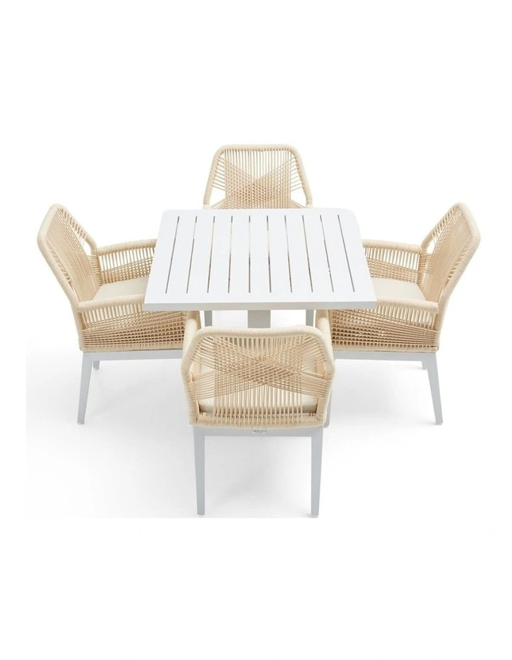 Avoca Outdoor Pedestal Aluminium Dining Table White With Hugo Chairs & Cream Rope/Cream Cushions image 2