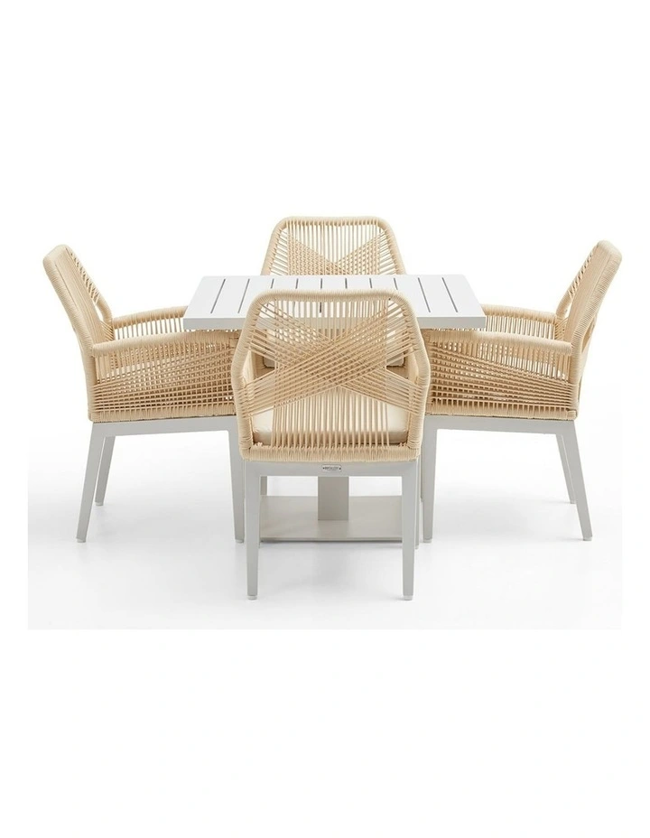 Avoca Outdoor Pedestal Aluminium Dining Table White With Hugo Chairs & Cream Rope/Cream Cushions image 3