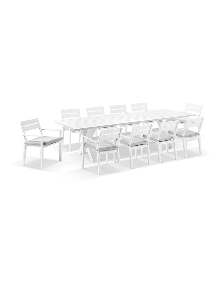 Tahitian 3m Aluminium Dining Table White with 10x Santorini Chairs & Textured Olefin Grey Cushions image 1