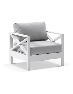 Kansas 1 seater Outdoor Aluminium Lounge Arm Chair White & Textured Grey Cushions