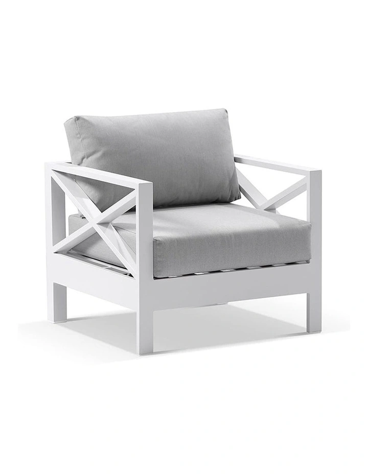 Kansas 1 seater Outdoor Aluminium Lounge Arm Chair White & Textured Grey Cushions image 1