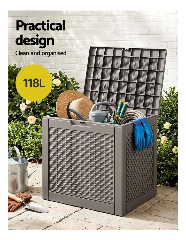 Gardeon Outdoor Storage Box 118L Container Lockable Garden Toy Tool Rattan-Texture Brown image 4