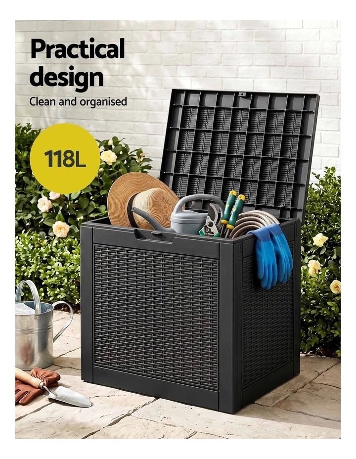 Gardeon Outdoor Storage Box 118L Container Lockable Garden Toy Tool Rattan-Texture Black image 4