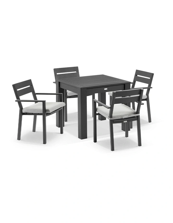 Santorini Outdoor 4 Seater Square Dining Table Charcoal With Chairs & Textured Olefin Grey Cushions image 1