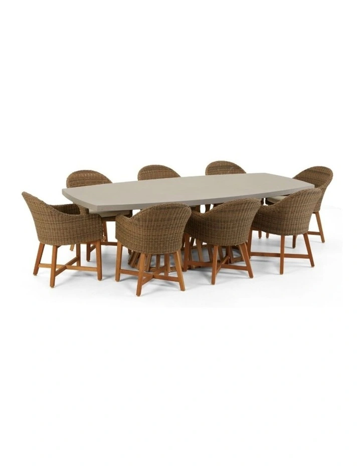 Waverley 2.6m Concrete Look Dining Set Brushed Wheat With 8 Coastal Wicker Chairs & Cream Cushions image 1