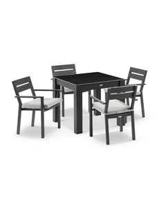 Hugo Outdoor 4 Seater Ceramic/ Dining Table Charcoal With Santorini Chairs & Olefin Grey Cushions