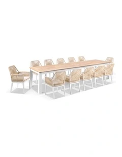 Balmoral 3.55m Outdoor Teak Top Table White With 12 Hugo Chairs & Cream Rope/Cream Cushions