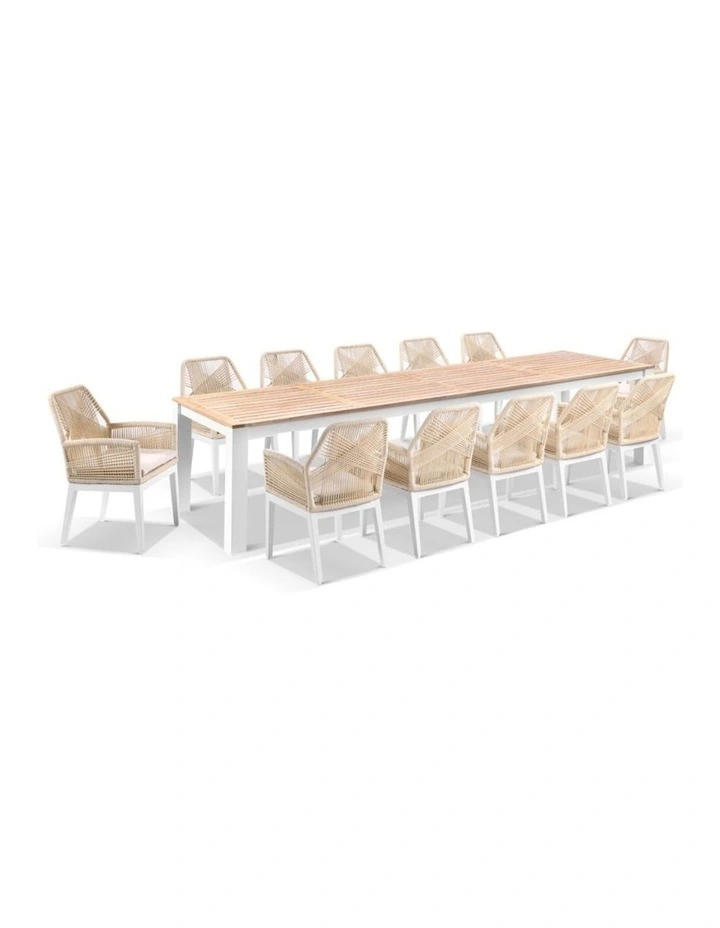 Balmoral 3.55m Outdoor Teak Top Table White With 12 Hugo Chairs & Cream Rope/Cream Cushions image 1