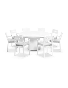 Narrabeen 1.6m Round Ceramic Dining Table White With 8 Santorini Chairs & Olefin Grey Cushions
