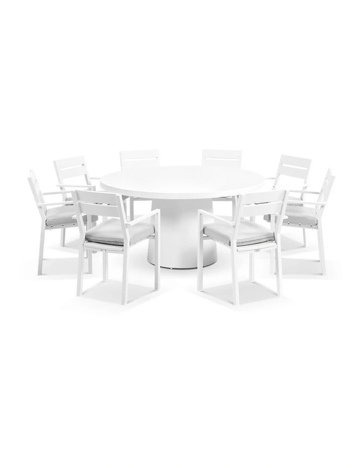 Narrabeen 1.6m Round Ceramic Dining Table White With 8 Santorini Chairs & Olefin Grey Cushions image 1
