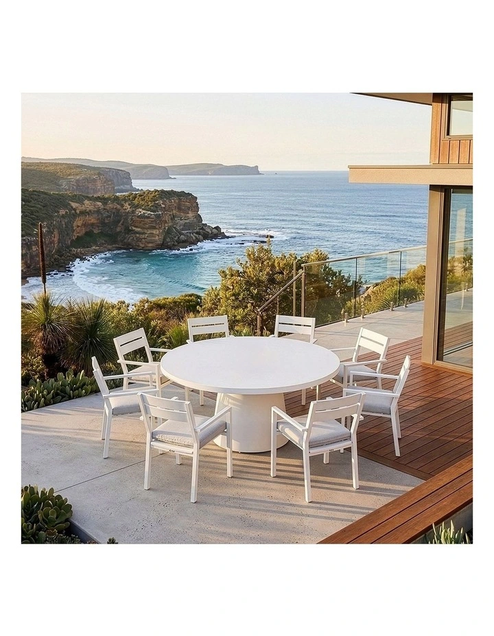 Narrabeen 1.6m Round Ceramic Dining Table White With 8 Santorini Chairs & Olefin Grey Cushions image 5