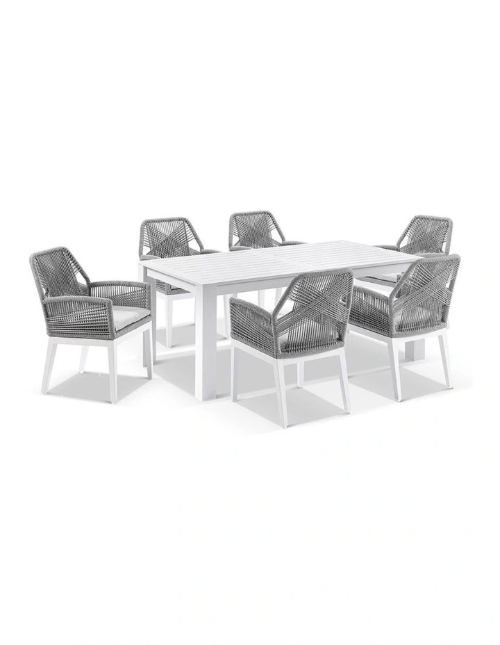 Santorini 1.8m Outdoor Dining Table White With 6 Hugo Chairs & Grey Rope w/Textured Olefin Cushions image 1
