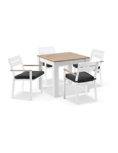 Balmoral 4 Seater Square Teak Top Dining Table White With Capri Chairs & Denim Grey Cushions