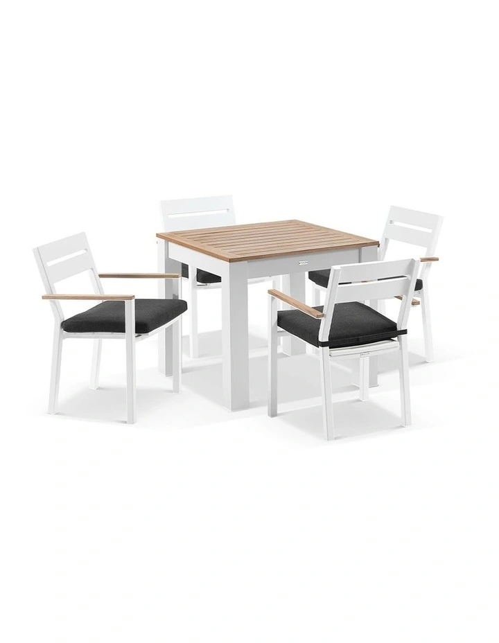 Balmoral 4 Seater Square Teak Top Dining Table White With Capri Chairs & Denim Grey Cushions image 1