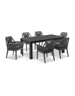 Santorini 1.8m Outdoor Dining Table Charcoal With 6 Hugo Chairs & Carbon Grey/Denim Grey Cushions