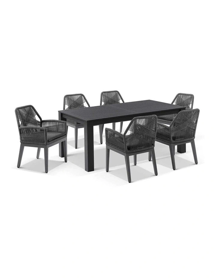 Santorini 1.8m Outdoor Dining Table Charcoal With 6 Hugo Chairs & Carbon Grey/Denim Grey Cushions image 1
