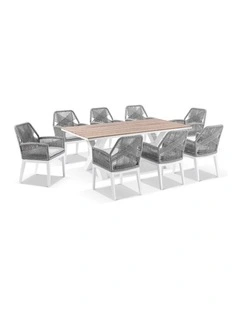 Kansas 2m Teak/ Dining Table White With 8 Hugo Chairs & Stone Grey w/Textured Olefin Cushions