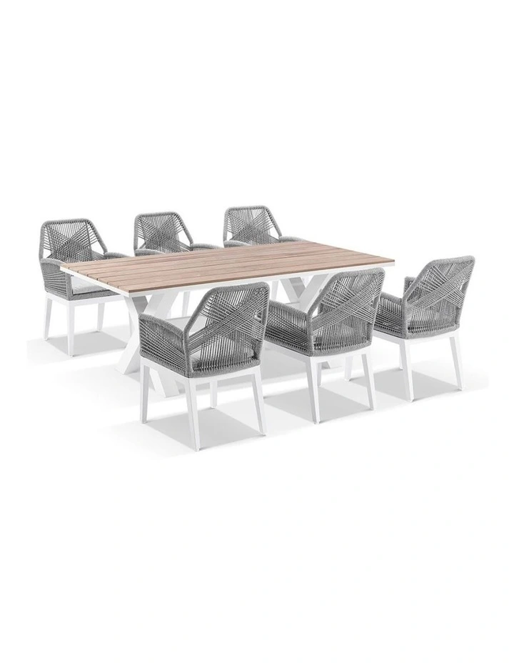 Kansas 2m Teak/ Dining Table White With 8 Hugo Chairs & Stone Grey w/Textured Olefin Cushions image 2